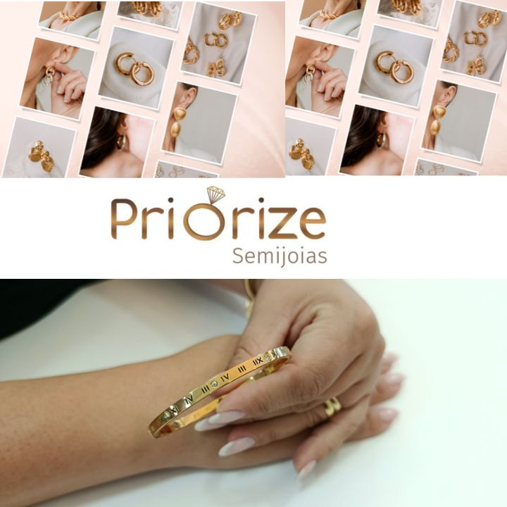 Bracelete de Aço Banhado a Ouro com Números Romanos e Pontos de Luz em Zircônia