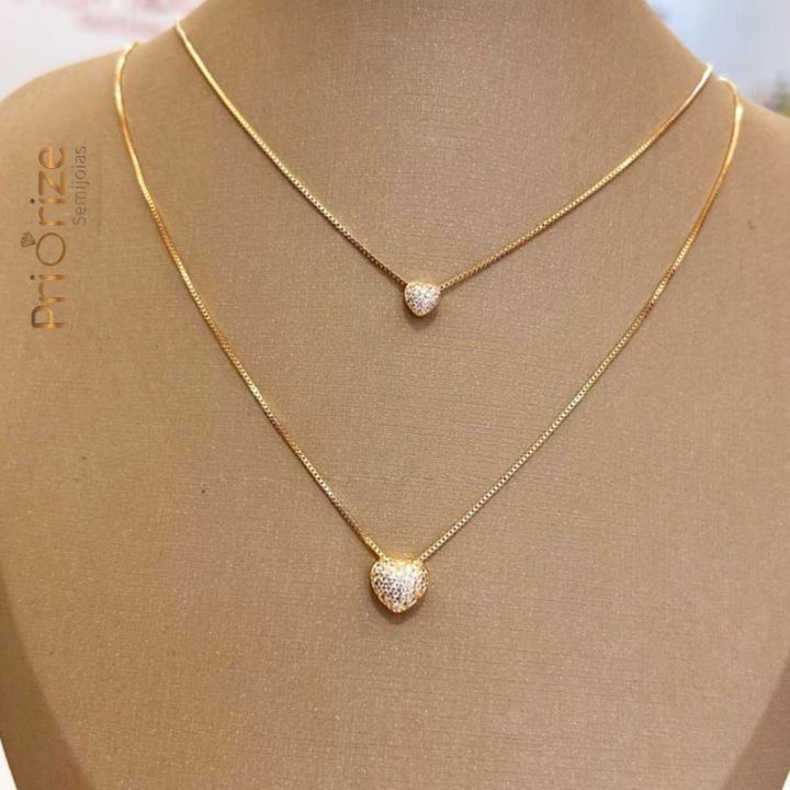 Colar Duplo Banhado a Ouro 18k Pingentes Coração Abaulados Cravejados Zircónia