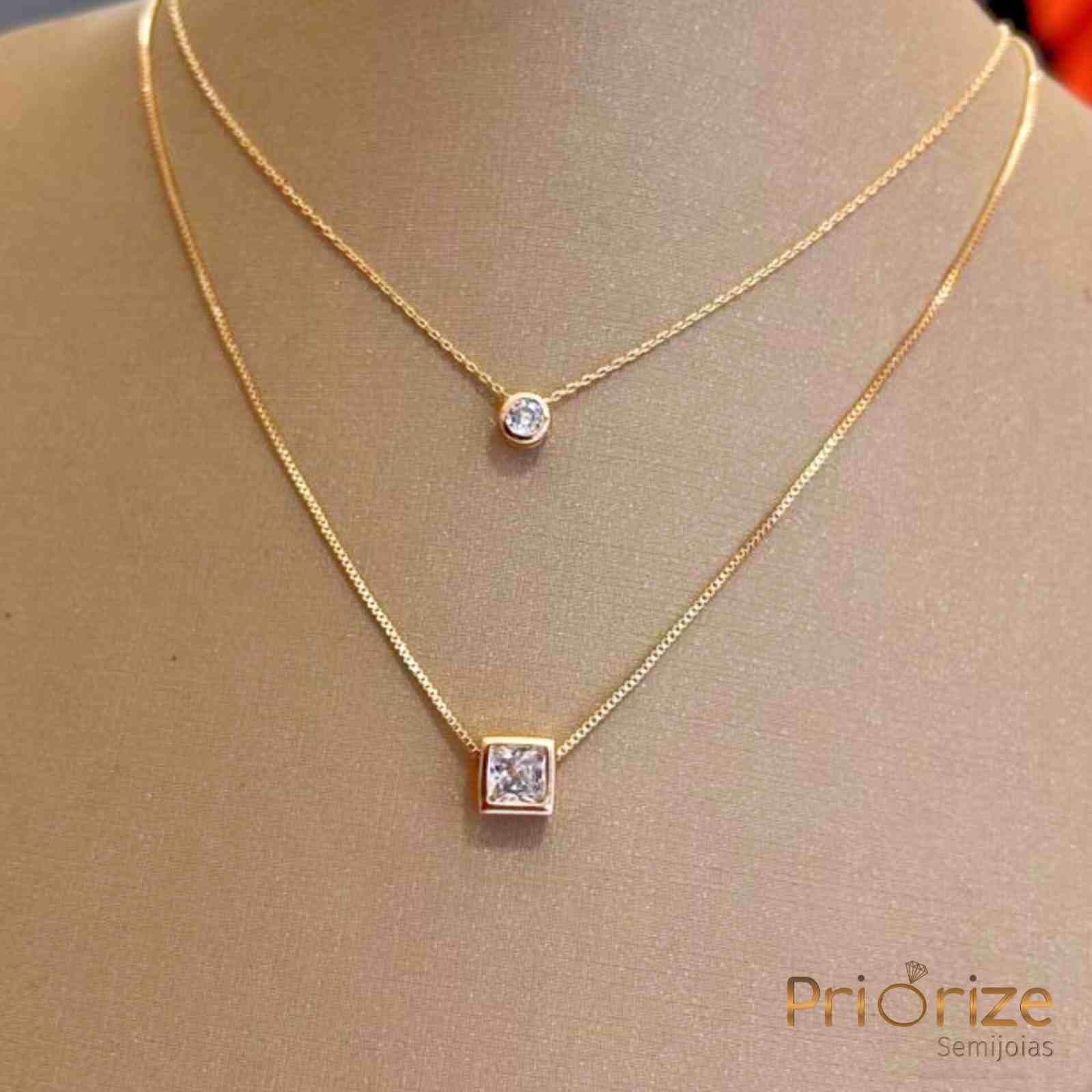 Colar Duplo Banhado a Ouro 18k Pontos de Luz Zircônia Redonda e Quadrada