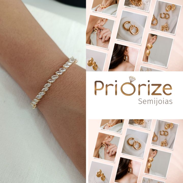 Pulseira Riviera Banhada a Ouro 18k Cravejada Zircónia Navete