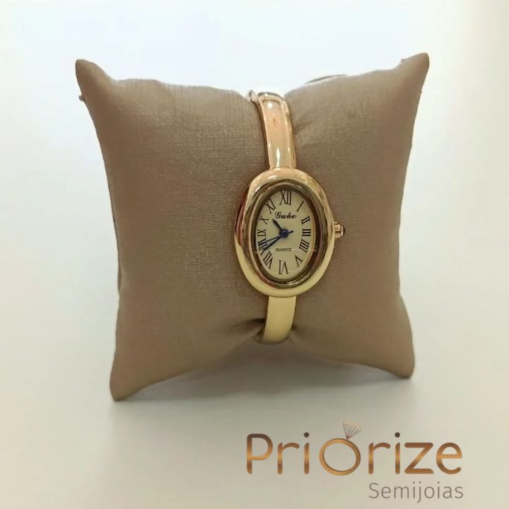 Relógio Feminino Dourado Bracelete Rígido Caixa Oval Números Romanos